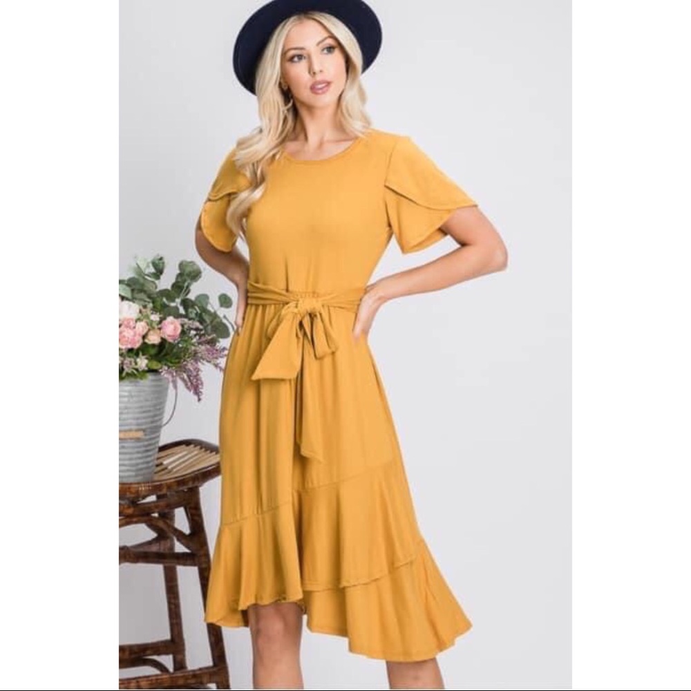Gorgeous, Soft Tulip Dress w/Tie Waist - Mustard
